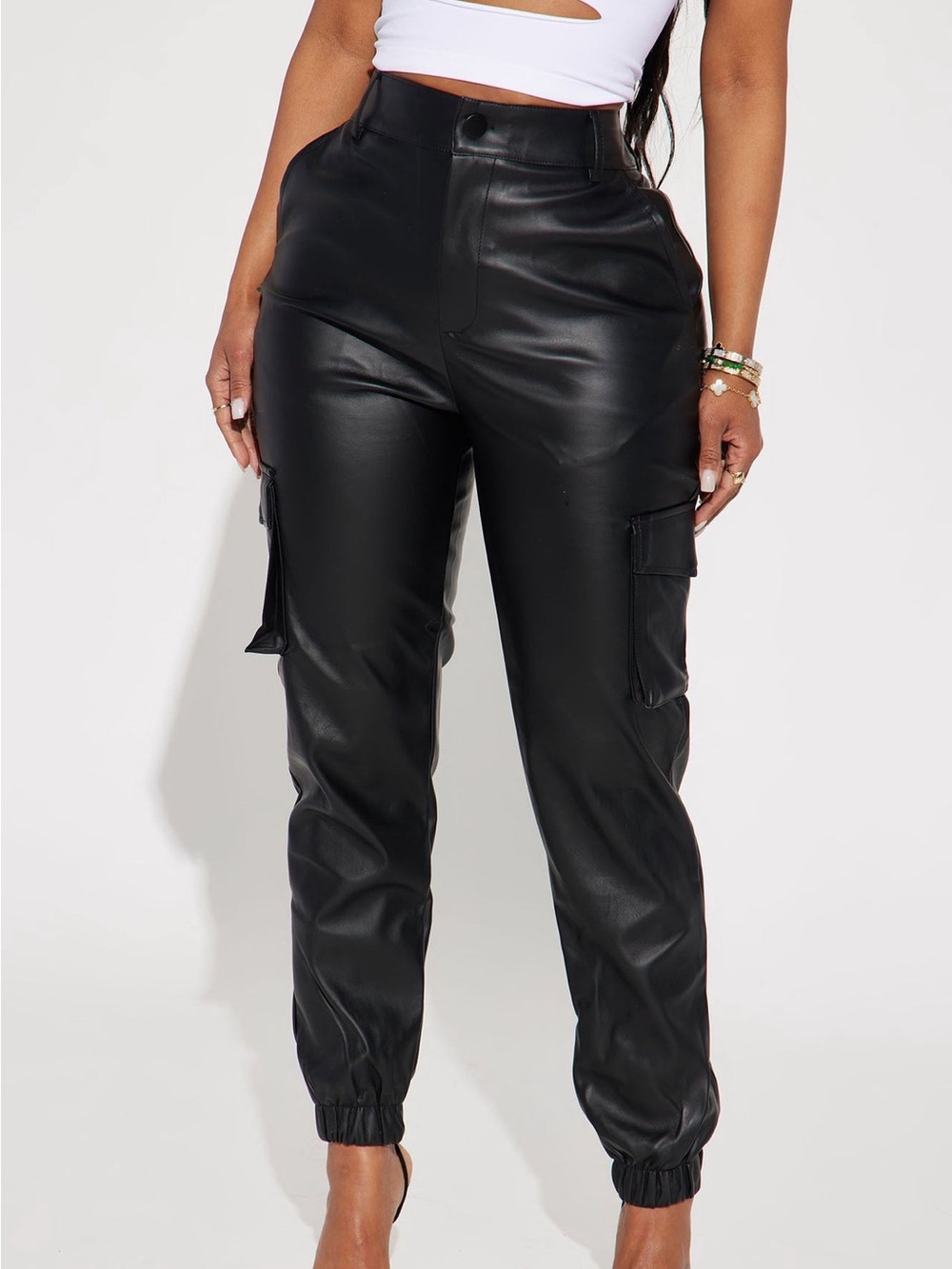 Fashion Nova Black High-Waist Faux Leather Cargo Joggers